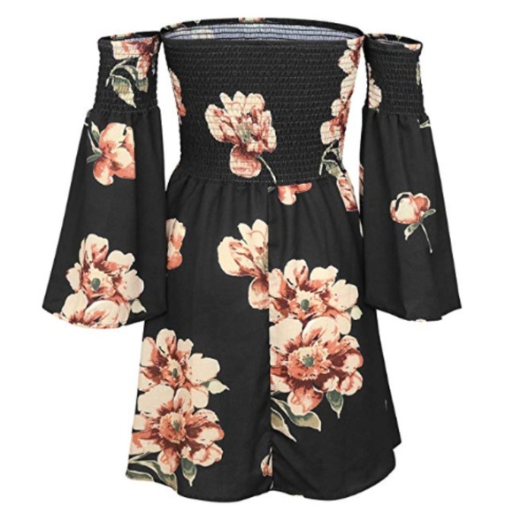 Women's Floral Long Sleeve Off Shoulder Mini Dress - Picture 2 of 4